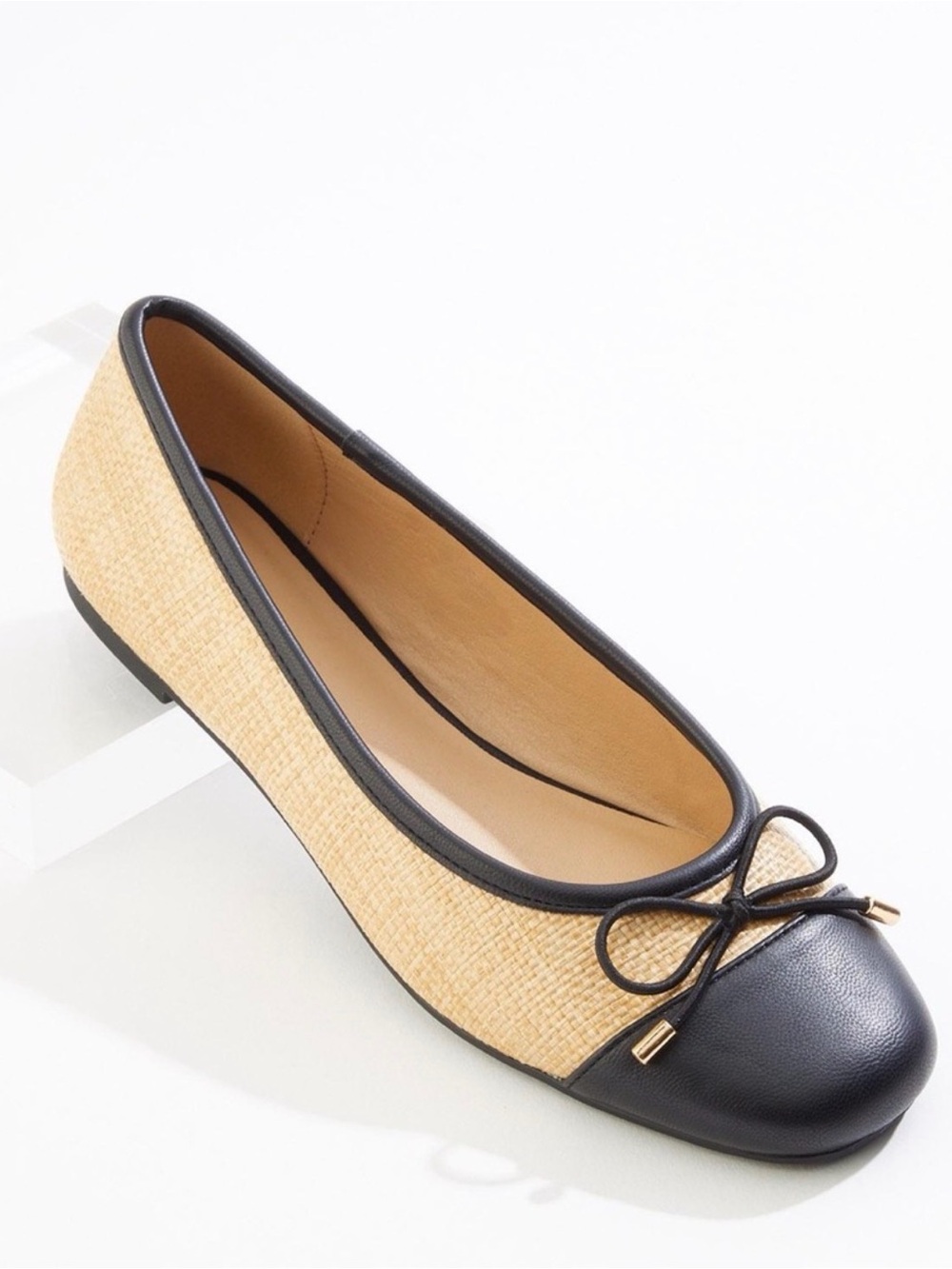 Black and Natural Raffia Ballet Flat with Bow